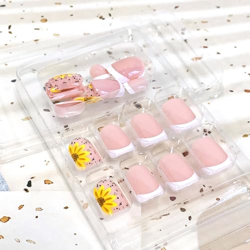 French Press on Nails Square Short Sets, 24Pcs Glossy Artificial Nude Fake Nails with Sunflower Designs, Full Cover Acrylic Coffin False Fingernails with Charm for Women Girls