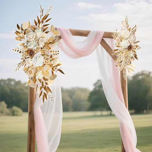 Boho Autumn Wedding Arch Floral Arrangement Artificial Flower, Silk Roses & Peonies with Eucalyptus Swags for Reception Backdrops, Parties, and Event Decorations