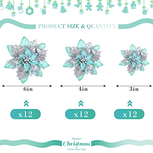 36 Pcs Christmas Glitter Artificial Poinsettia Flowers Xmas Poinsettia Artificial Wedding Flowers Decorations Xmas Tree Ornaments with Clips for Party, 6 Inch, 4 Inch, 3 Inch(Silver and Green) - color: Silver and Green