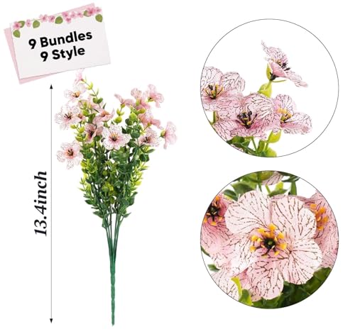 ilauke 9 Bundles Artificial Flowers for Outdoors, 13.8in UV Resistant Silk Violets Outdoor Fake Plants Faux Flowers for Outdoor Planters Spring Summer Decor Porch Plant Hanging Basket - color: 9-color Violet