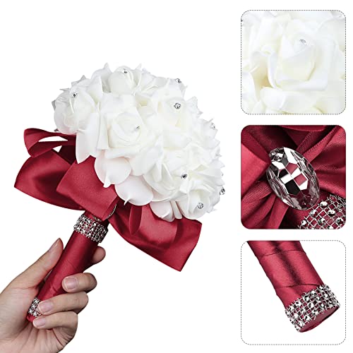 Burgundy Wedding Bouquet for Bride Bridesmaid Toss Bouquet Crystals Silk Rose Bridal Bouquet for Wedding Party (Burgundy White) - color: Burgundy +White