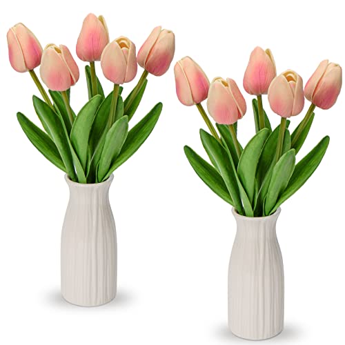 Briful 2 Packs Faux Flowers Artificial Tulips with Ceramic Vase, Poly Foam Pink Tulips Real Touch Flower Arrangement for Home Kitchen Wedding Centerpiece Decoration - color: Pink