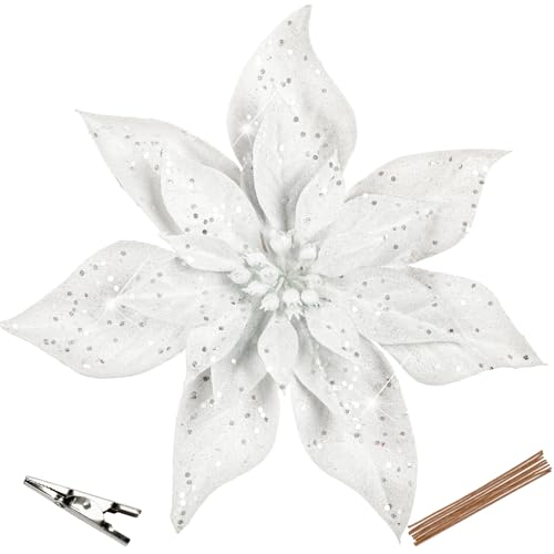 Briful 9'' Poinsettias Artificial Christmas Flowers 8PCS White Glitter Christmas Poinsettia Decorations Ornament Flowers for Xmas Tree Wreath Garland Mantle Winter Holiday Decor - color: White