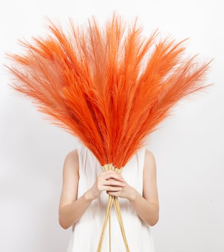 9 Pcs 45" Tall Pampas Grass Orange Decor, Long Stem Artificial Flower Floor Vase Large Faux Floral Pompas Fake Plants Dried Bouquet Arrangement Vase Filler for Boho Home Wedding Decoration - color: 9 Pcs 45" Orange Style