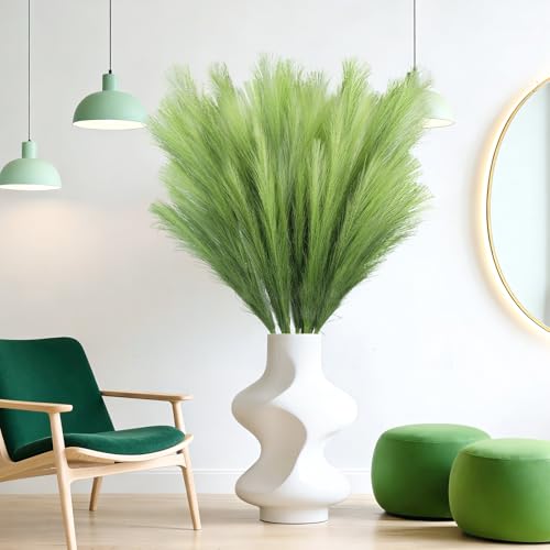 TORONTOKYO 8Pcs Green Faux Pampas Grass Tall Decor, 35.4” Fluffy Artificial Pompous Grass Branches, Large Pampas Grass Reed Stems for Vase Filler, Wedding, Home Boho St Patrick's Day Decor - color: Green, size: 35.4inch-8Pcs