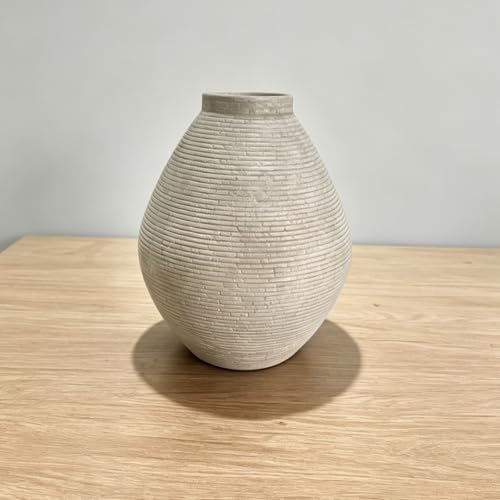 Rustic Ceramic Planter Pot, Terracotta Floor Vase with Textured Ribbed Design, Large Home Decor for Table Centerpiece, Farmhouse Style (Gray)