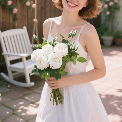 Real Touch White Austin Roses Peonies Artificial Flowers 4 Bouquets Latex Fake Peonies with Long Stem Realistic Faux Peony for Wedding Party Home Table Centerpieces Decorations (White) - color: White