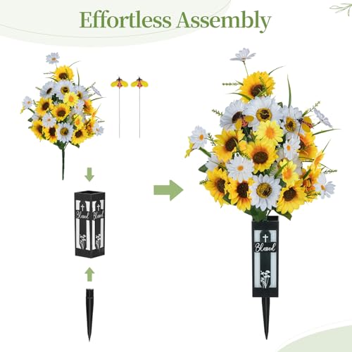 Artificial Cemetery Flowers for Grave: 2 Pcs Yellow White Sunflower Grave Flower Bouquets for Cemetery Decorations - Spring Outdoor Gravesite Flowers with Vase - color: Yellow & White