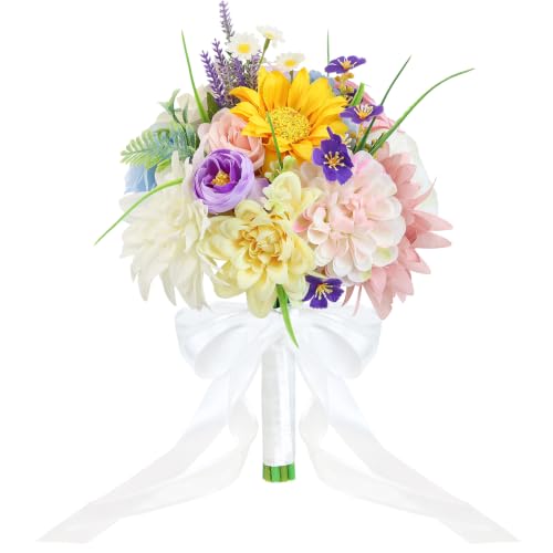 Wedding Bouquets for Bride Bridesmaid 8.5 Inch Pre-Made Spring Artificial Roses Flowers Bridal Bouquets for Bride Vintage Wedding Marriage Proposal Party Church Decoration - color: Wildflower