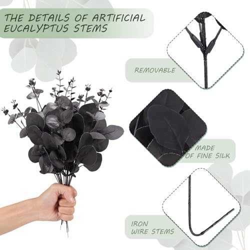 Coreland 120 Pcs 3 Kinds Mixed Artificial Eucalyptus Stems Faux Eucalyptus Leaves Branches Black Flower for Halloween DIY Bouquets Floral Arrangement Wedding Home Decor - color: Black Eucalyptus-120pcs