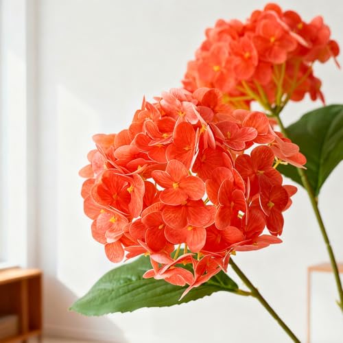A Bunch 21in, Orange Real Touch Hydrangea Artificial Flowers, with 10pcs Flower Head 20pcs Leaves, Faux Hydrangea Flowers for Home Office Decor Wedding Party Arrangements (2, Orange-red) - color: Orange-red, size: 2 Bunch