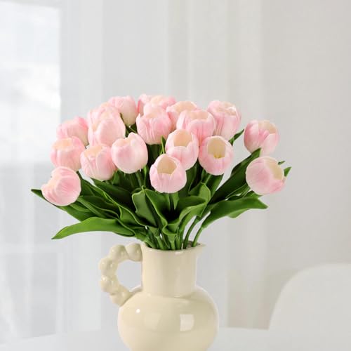 HOMESEASONS 20 Stems LED Lighted Artificial Flowers Tulip Lamp Real Touch Tulips Faux Flower Lights for Valentine's Day and Easter Home Kitchen Wedding Dining Table Decor(Pink) - color: Pink