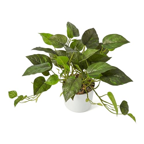 Artificial Plants Faux Pothos with Plastic White Pot Artificial Potted Plant for Home Office Bedroom Indoor Outdoor Decor 1 Pack(Dark Green)