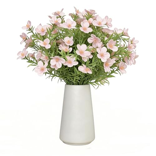 Artificial Pink Gypsophila Baby's Breath Flowers in Ceramic Vase, 6 Inch White Vase with Faux Cosmos Arrangement, Farmhouse Table Centerpiece for Home Office Shelf Desk Decor - color: Pink