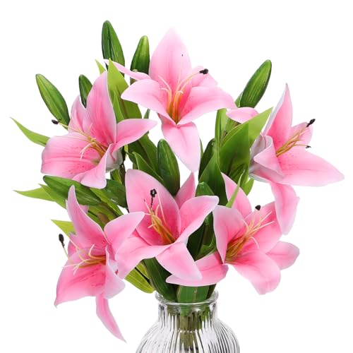 PATIKIL Lily Fake Flowers, 3PCS Lily Artificial Flowers Artificial Lily Silk Faux Flowers in Vase Real Touch for Home Decor Centerpiece Table Decorations Dining Room, Pink - color: Pink