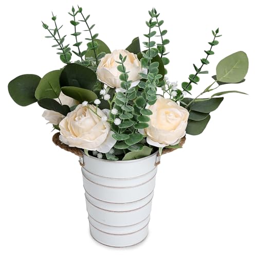 Artificial Flowers in Pot - 10 Inches Pre-Made Large Faux Silk Rose Floral Greenery Table Centerpieces with Rustic Tall Metal Vase for Farmhouse Home Decoration - Champagne - color: Champagne, size: 1 X Flowers Table Centerpiece
