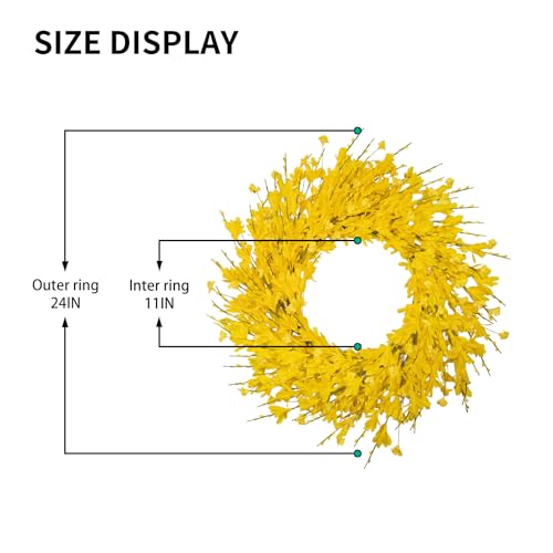 24 Inch Artificial Yellow Forsythia Flower Wreaths, Silk Leaves Paper Floral Wreath for Front Door, Spring Summer Decor, All Season Wreath for Wall Window Farmhouse Wedding Home Decor - color: Yelllow