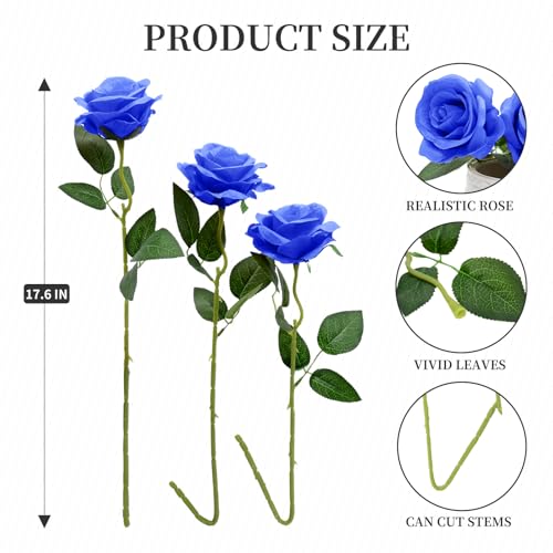 12pcs Rose Artificial Flowers, Fake Rose Silk Flower Bouquet, Faux Roses with Stems - 50cm, Roses Decor for Wedding & Home Decoration (Blue) - color: Blue