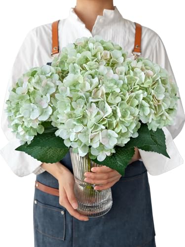 JINWOE Light Green Silk Hydrangea Artificial Flowers, 4PCS 21" Large Lifelike Faux Silk Flowers, Full Artificial Hydrangeas for Bouquet Table Centerpieces Indoor Spring Outdoor Home - color: Green