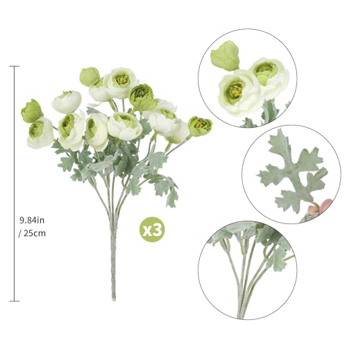Mini Peonies Artificial Flowers, 3 Bundles Silk Faux Ranunculus Flower, 42 Heads Artificial Peonies with Stems for Home Office Dining Table Wedding Spring Centerpiece Decor(White Green) - color: White Green