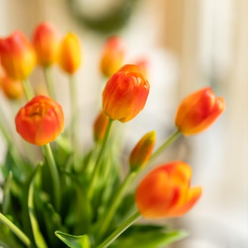 Avoeco 20Pcs Artificial Tulips Flowers Real Touch Latex – Faux Tulips Bouquet for Home Decor, Wedding Centerpieces, Spring Floral Arrangements, Fake Flowers for Vase Decoration (20, Orange) - color: Orange