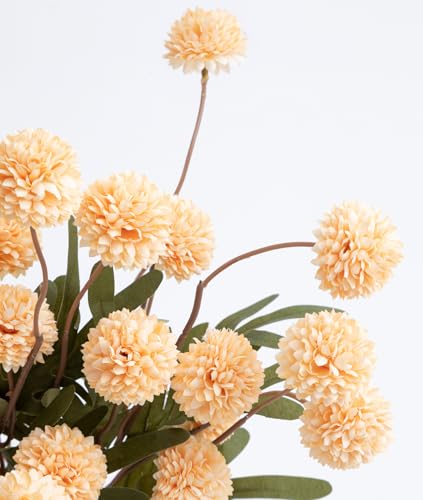 Laelfe Peach Artificial Flowers Pompon Mum, 5Pcs Fake Kiku Flowers Silk Small Mini Chrysanthemum Ball Faux Mum Decor for Filler DIY Bouquet Centerpieces Arrangements Shower (Peach) - color: Peach