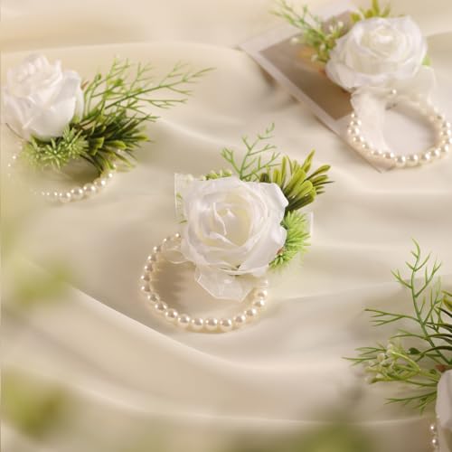 Garisey 4pcs Wedding White Rose Wrist Flowers Artificial Rose Flowers for Ceremony Prom Party Accessories (4 Wrist Corsage White) - color: 4 Wrist Corsage White