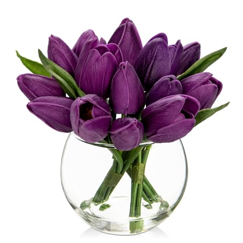 DILATATA Artificial Purple Tulips in Vase with Faux Water 6" Real Touch Flowers Fake Tulips Small Flowers Arrangement in Round Glass Vase for Mother's Day Table Centerpiece Wedding Home Decor - color: Round Vase/Purple/1 Set
