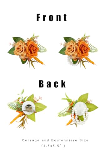Orange Corsage and Boutonniere Set for Wedding Prom, Artificial Rose Flower Wrist Corsage Bracelets, Homecoming Corsage Wristlet, Boutonniere for Men Wedding Suit Decorations - color: Burnt Orange