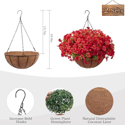 Hananona 24 Pcs Artficial Outdoor Flowers with Hanging Baskets, 2 Pack Hanging Planter with Red Outdoor Spring Flowers for Christmas Porch Home Patio Yard Decor (2, Red) - color: Red