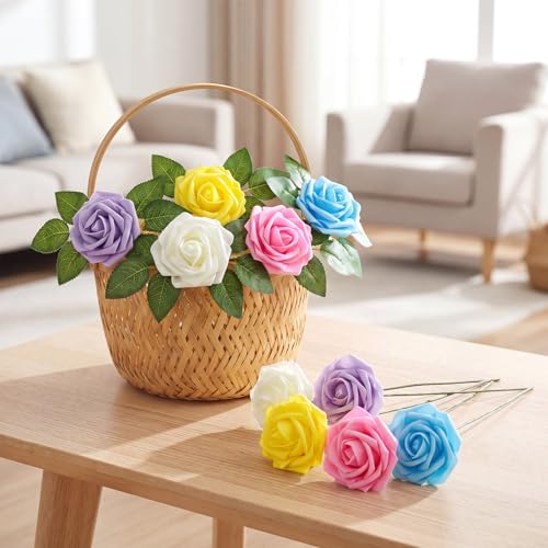 100 Pcs Artificial Foam Rose Flower Faux Bouquet Wedding Fake Rose Gift for Mother's Day Women DIY Bridal Shower Party Table Birthday Home Spring Decor (Macaron Colors) - color: Macaron Color