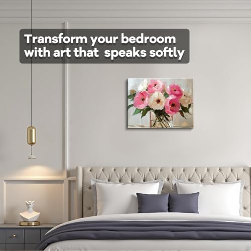 Poppy Bouquet Wall Art, pink white poppies, impressionist wall decor, laminated paper unframed canvas print, botanical poster artwork, for dining room kitchen gift, 15x12 inch - color: Pink And White Peony Glass Vase