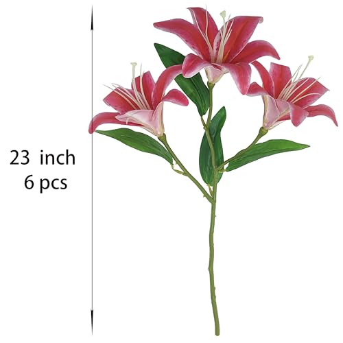 Artificial Lily Flowers,6 Pcs Faux Lily Flowers,23 Inch Long Stem Tiger Lily Branch with 3 Full Blooms and 4 Leaves, Latex Real Touch Lilium Flower for Wedding Bouquet (6, deep Pink) - color: Deep Pink
