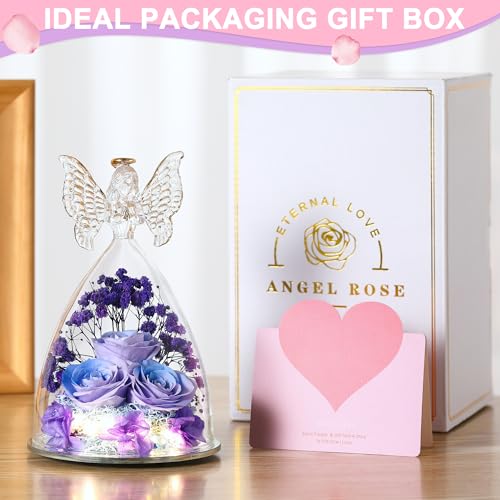 Mothers Day Rose Gifts for Women Preserved Real Flower in Glass Angel Figurines Roses for Delivery Prime Birthday Gifts for Mom Grandma Girlfriend Wife Her, BluePurple - color: Bluepurple