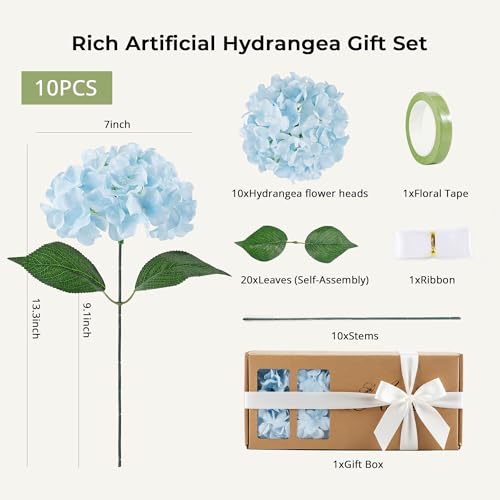 Auihiay 10PCS Hydrangea Artificial Flowers, Realistic Blue Hydrangea Fake Flowers, Faux Hydrangeas for Wedding Centerpieces, DIY Bouquets, Bridal Shower, Home Decoration, Mother's Day, Garden (Blue) - color: Light Blue