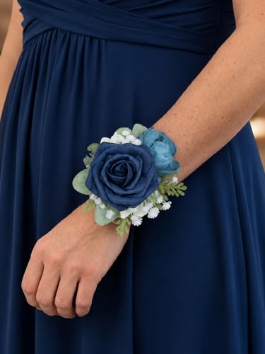Rinlong 2Pcs Navy Blue Wrist Corsage for Wedding, Prom, Homecoming | Bridesmaid Wristlet, Mother of the Bride Flower Corsage - color: 23-navy