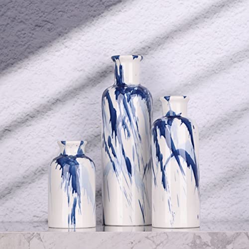 Blue Ceramic Vase Set - 3 Decorative Navy Blue and White Vase for Centerpieces, Farmhouse and Home Decor - Ideal for Living Room, Kitchen, Bedroom, Dining Table and Office Decor - color: Blue & White