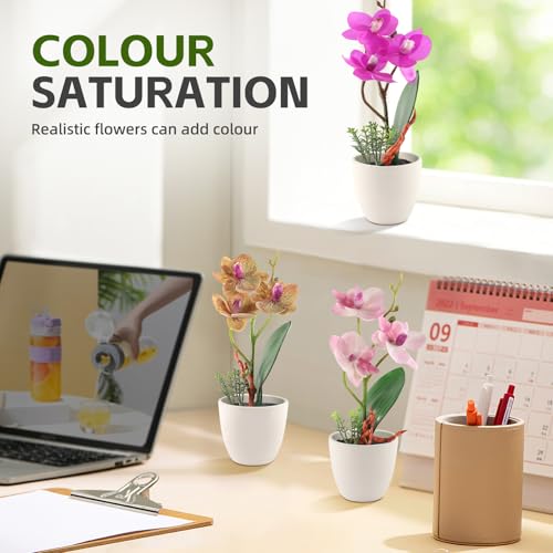 2Pcs Artificial Orchid Fake Flowers Faux Phalaenopsis Ceramic Vase Small Potted Plant for Home Office Desk Bathroom Wedding Decor(Pink & Brown) - color: Pink & Brown
