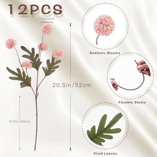 12Pcs Fake Kiku Flowers, Artificial Small Chrysanthemum Balls with Stems, Faux Silk Mini Pompon Mums for Vase Floral Arrangement DIY Bouquets Wedding Party Table Centerpieces Home Decor (No Vase) - color: Pink