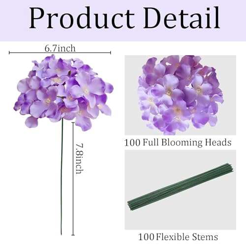100 Pcs Faux Purple Hydrangea Artificial Flowers Bulk, Fake Silk Hydrangea Flowers Heads with Stems for Wedding Decorations Garden Party Baby Shower Porch Home Decor Table Centerpieces - color: Purple, size: 100 Pcs