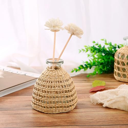 Flower Vases with Rattan Cover, Straw Woven Glass Vase, Rattan Woven Vase Decorative, Glass Flower Vase, Boho Glass Flower Vase, Vase for Home Flower Arrangement Table Decoration, 5.3''X3.5'',D Style - size: 5.3IN
