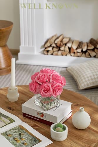 WELL KNOWN Rose Artificial Flowers in Vase with Faux Water, Silk Rose Table Centerpieces for Home Coffee Table Decor, Fake Roses Flower Arrangements for Office Hotel Lavatory Decor (Pink) - color: Pink