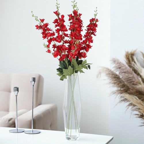 8PCS Long Stem Artificial Delphinium Flowers 33.5'' Larkspur Artificial Flower Red Silk Flowers for Tall Vase Home Wedding Table Centerpieces Decor(Red) - color: Red