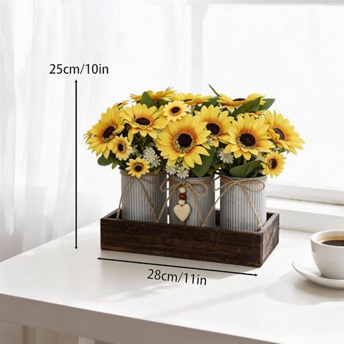 Artificial Sunflower Decorative Centerpiece, Rustic Table Centerpieces Home Decor for Dining Room, Farmhouse Wood Planter Box with 3 Galvanized Metal Pots Decorative - style: Sunflower Plant