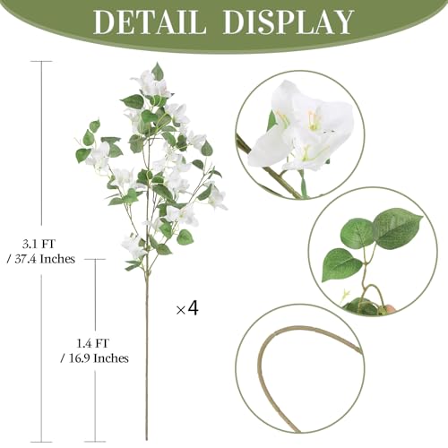 4PCS White Bougainvillea Artificial 37.4" Silk Faux Bougainvillea Flowers Fake Bougainvillea Branches for Wedding Home Garden Table Centerpieces Decor(White) - color: White