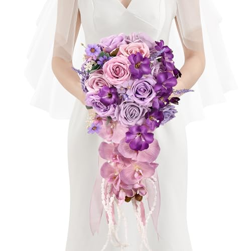 Serwalin 11 Inch Wedding Bouquets for Bride Bridesmaid, Purple Bridal Bouquets for Bride, Artificial Bouquets of Flowers for Wedding Ceremony Bridal Shower and Anniversary Day Decor - color: Royal Violet