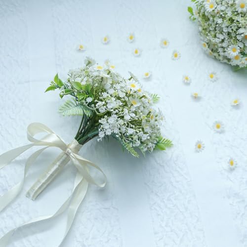 Artificial Bridesmaid Bouquets Set of 6 - Ivory White 9 Inch Flower Bouquet for Wedding Party Ceremony Anniversary Dinning Table Centerpieces Decor Faux (Chamomile & Babys Breath & Ribbon) - color: Chamomile