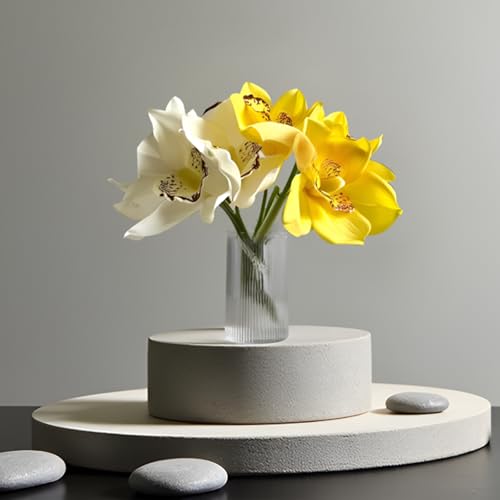 8Pcs Real Touch Artificial Cymbidium Orchids Bouquet, White and Yellow Realistic Silk Artificial Orchids, Artificial Flowers Outdoor Fake Flowers Green Shrubs Plants for Wedding Home Decoration