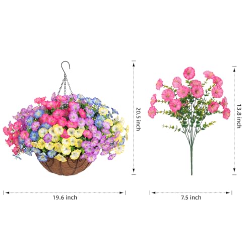 Artificial Fake Hanging Flowers Baskets for Outdoors Faux Plants Spring Outside Decor, UV Resistant Silk Morning Glory Flowers in Planter Realistic Petunias for Outdoor Porch Patio Garden Yard Home - color: B 4 Multicolor
