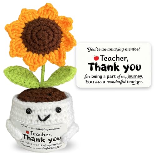 Teacher Appreciation Gifts - Handmade Crochet Sunflower in Smiling Pot with Thank You Card, Positive Desk Decor, End of Year Birthday Gift for Mentor Coworker Women - color: Thank You Teacher